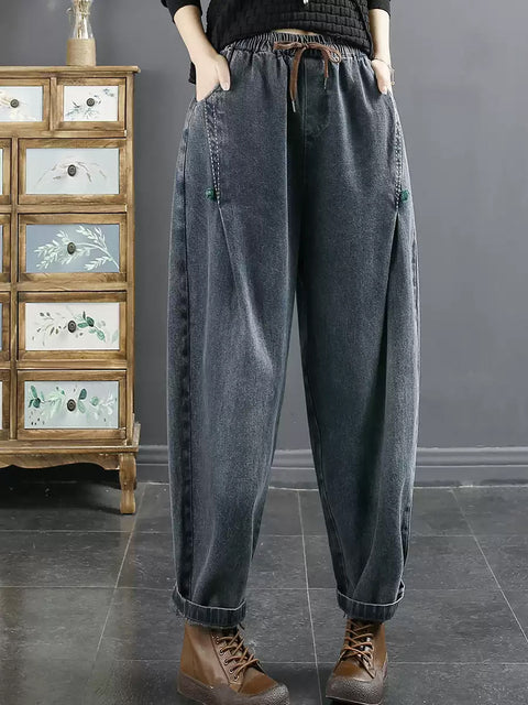 Pantaloni harem in denim casual da donna, di colore puro