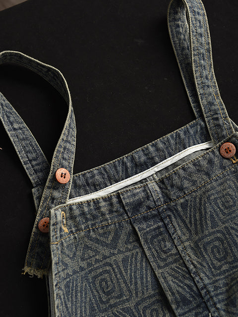 Abito da donna in denim con bretelle geometrico retrò primaverile