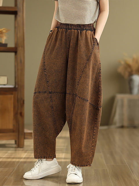 Pantaloni harem in denim con giunture casual da donna, colore puro