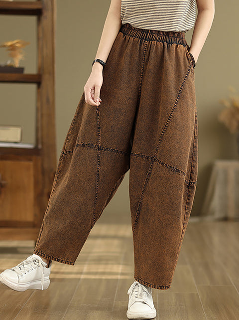 Pantaloni harem in denim con giunture casual da donna, colore puro