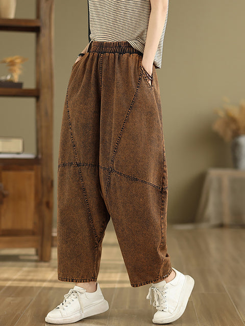 Pantaloni harem in denim con giunture casual da donna, colore puro