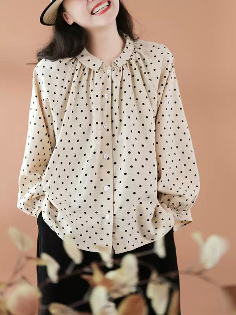 Camicia da donna con colletto rovesciato in 100% cotone e pois primaverili