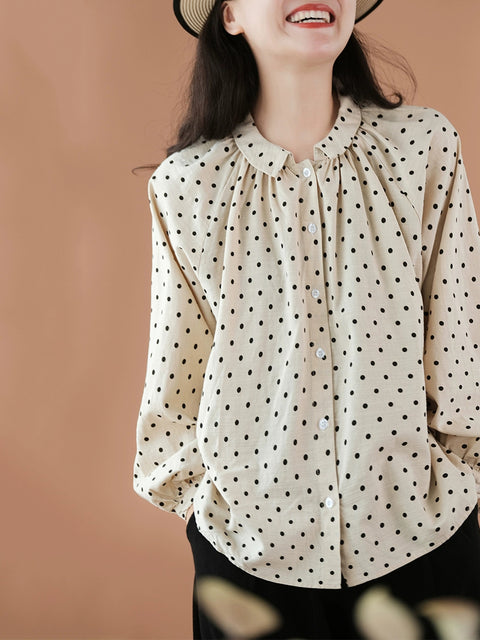 Camicia da donna con colletto rovesciato in 100% cotone e pois primaverili