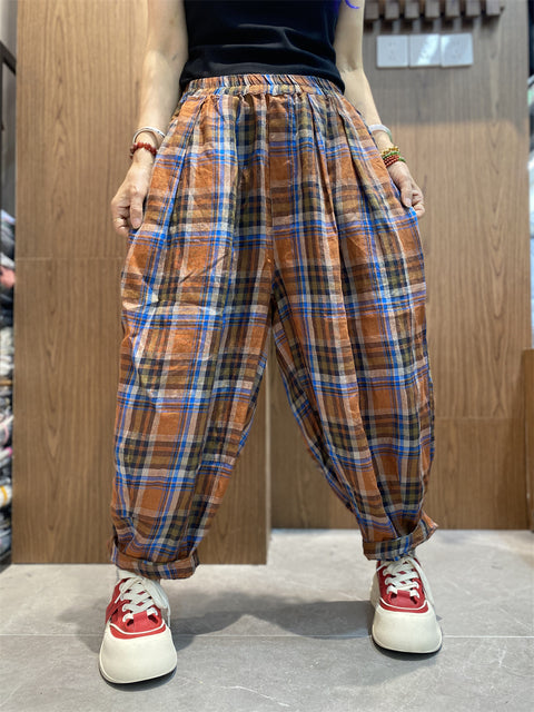 Pantaloni harem larghi a quadri primaverili vintage da donna