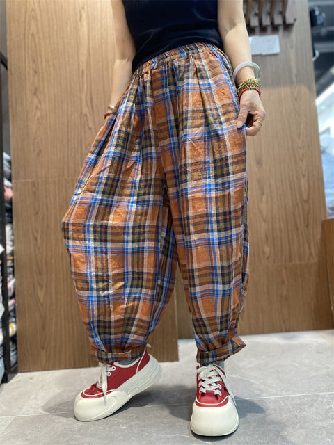 Pantaloni harem larghi a quadri primaverili vintage da donna