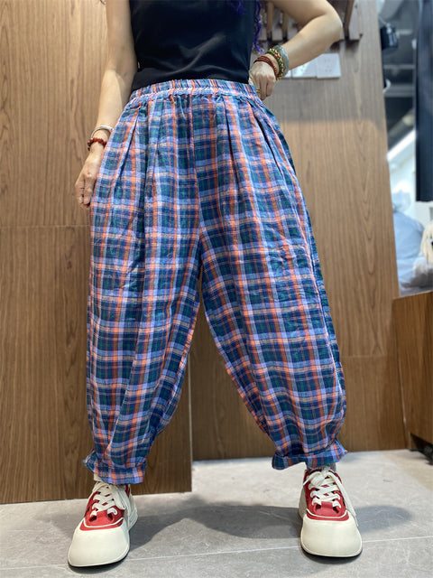 Pantaloni harem larghi a quadri primaverili vintage da donna