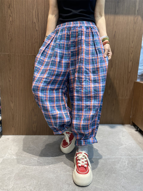 Pantaloni harem larghi a quadri primaverili vintage da donna