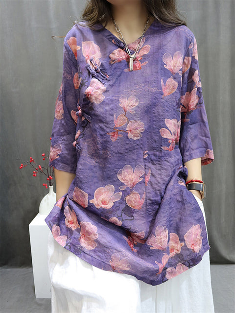 Camicia da donna primaverile vintage con scollo a V 100% ramiè