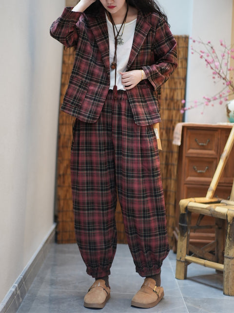 Women Spring Vintage PlaidTurn-down Collar Loose Suits