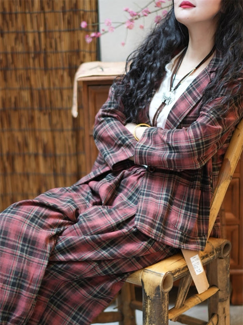 Women Spring Vintage PlaidTurn-down Collar Loose Suits