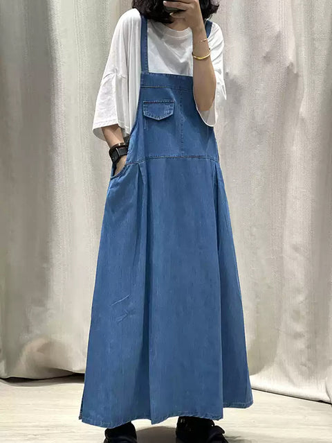 Abito lungo con bretelle in denim puro colore primaverile da donna