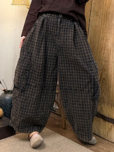 Pantaloni larghi in cotone a quadri primaverili vintage da donna