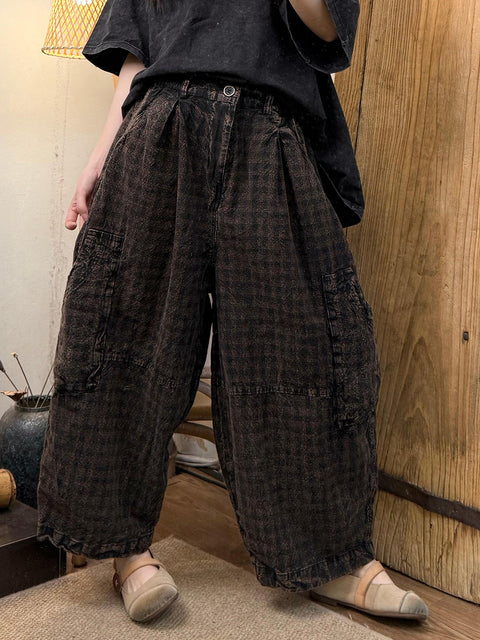 Pantaloni larghi in cotone a quadri primaverili vintage da donna