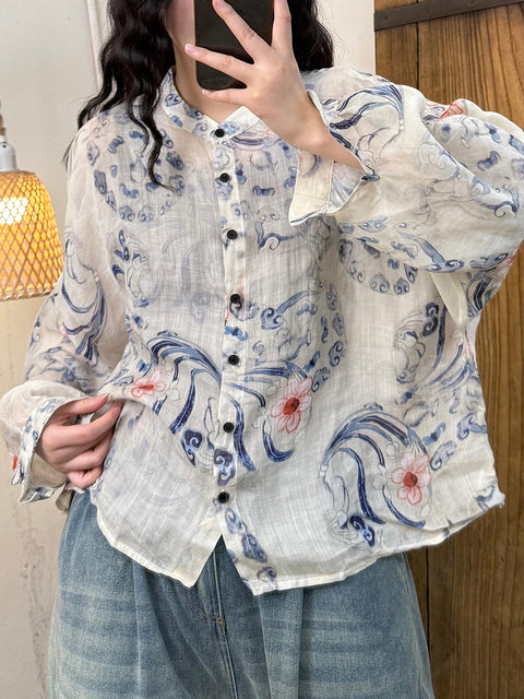 Camicia da donna primavera vintage con colletto alto e fiori in 100% ramiè