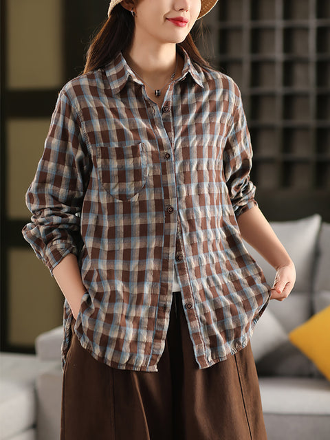 Camicia da donna in 100% cotone con colletto rovesciato e motivo a quadri artistici