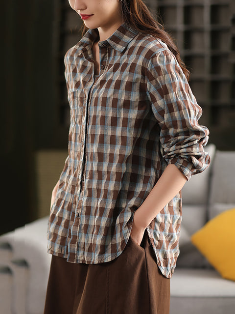 Camicia da donna in 100% cotone con colletto rovesciato e motivo a quadri artistici