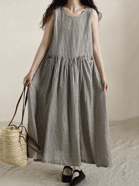 Women Spring Artsy Stripe 100%Linen Vest Maxi Dress