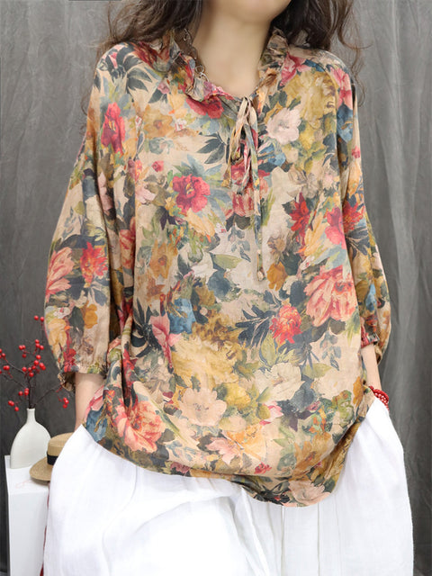 Women Artsy Flower Lace Collar 100%Ramie Shirt