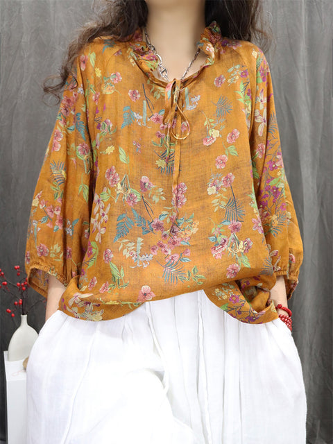 Women Artsy Flower Lace Collar 100%Ramie Shirt