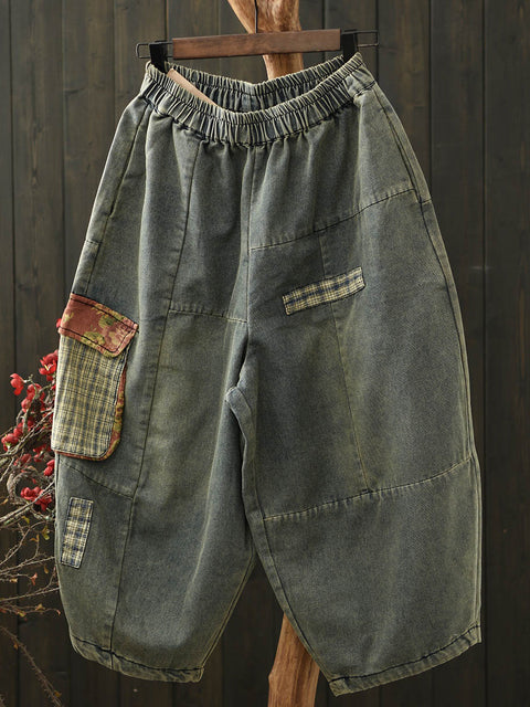 Pantaloni harem con toppe in denim vintage da donna