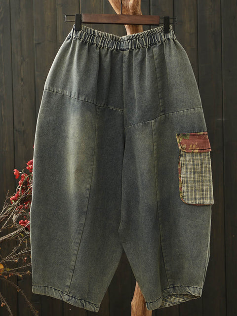 Pantaloni harem con toppe in denim vintage da donna