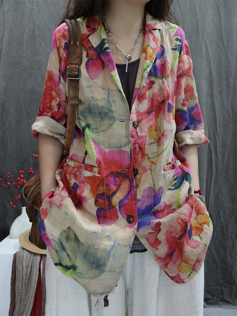 Camicia da donna Artsy Spring Flower Lapel 100% Ramie