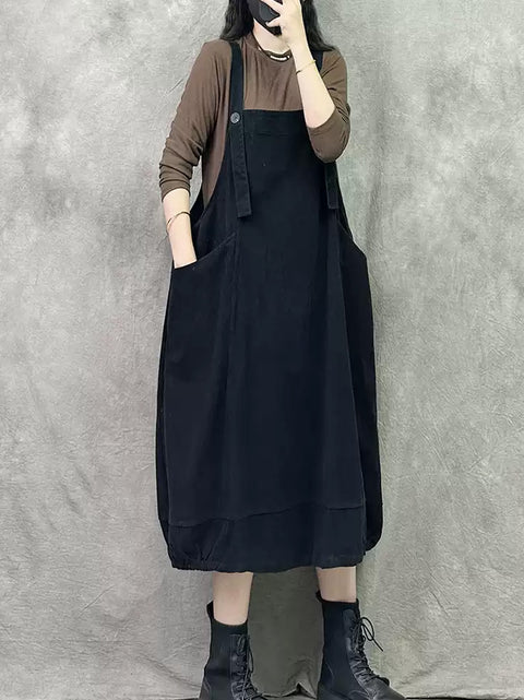 Vestito da donna con bretelle in denim di colore puro retrò primaverile