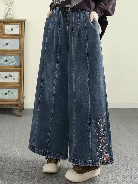 Pantaloni a gamba larga in denim con ricamo vintage da donna