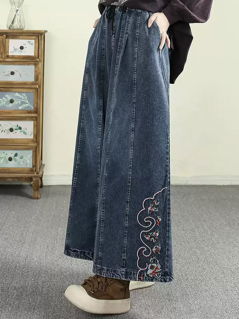 Women Vinage Embroidery Denim Wide-leg Pants