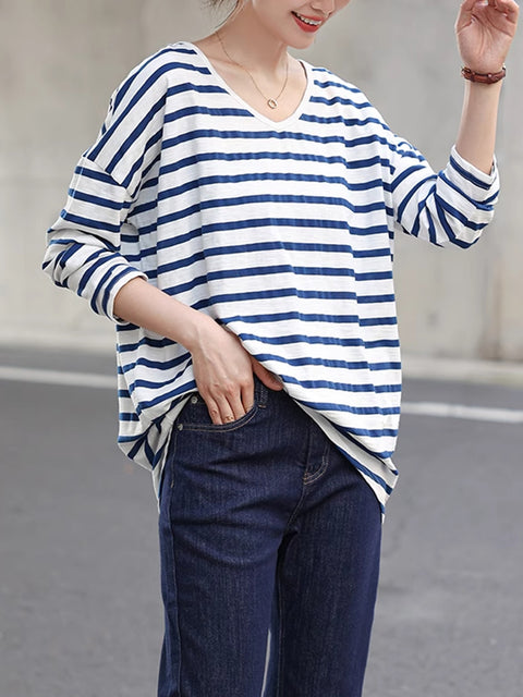 Women Summer Stripe 100%Cotton V-Neck Shirt