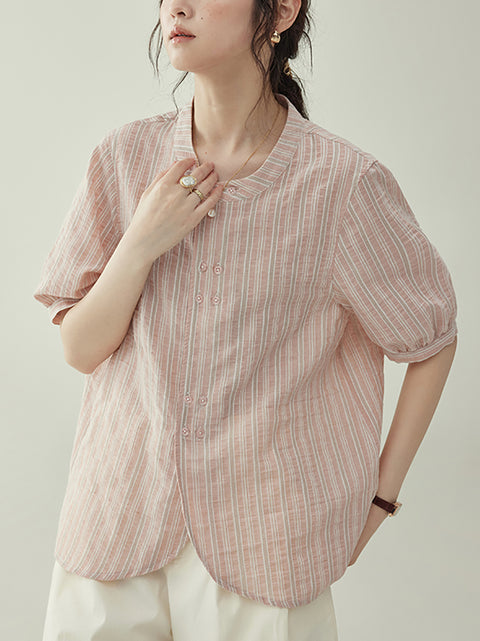 Camicia estiva da donna in cotone a righe con scollo a V