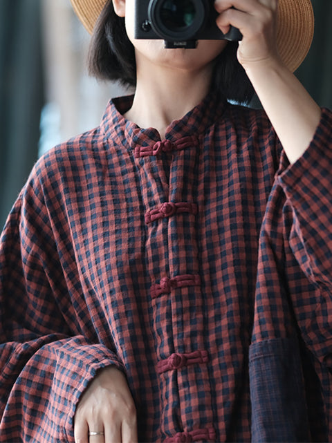 Camicia da donna in cotone con colletto alla coreana, stile retrò, a quadri, a blocchi di colore, primaverile