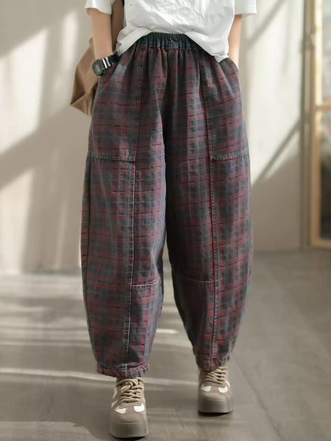 Women Spring Retro Plaid Denim Harem Pants