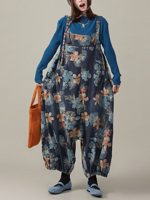 Tute estive da donna in denim con fiori artistici e harem