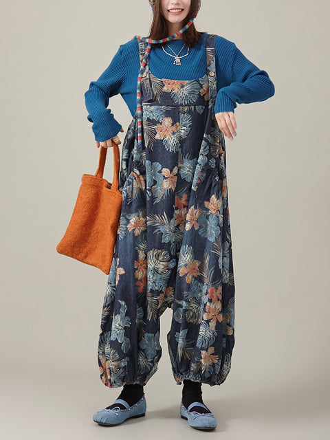 Tute estive da donna in denim con fiori artistici e harem