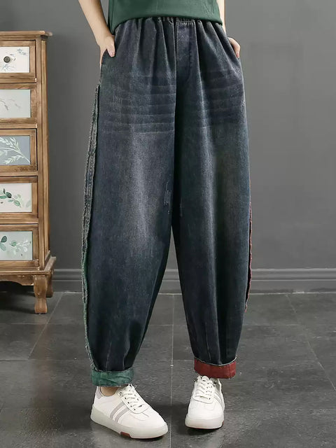 Pantaloni harem in denim con bordo grezzo retrò primaverili da donna