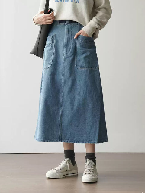 Gonna a forma di A in denim lavato casual primaverile da donna