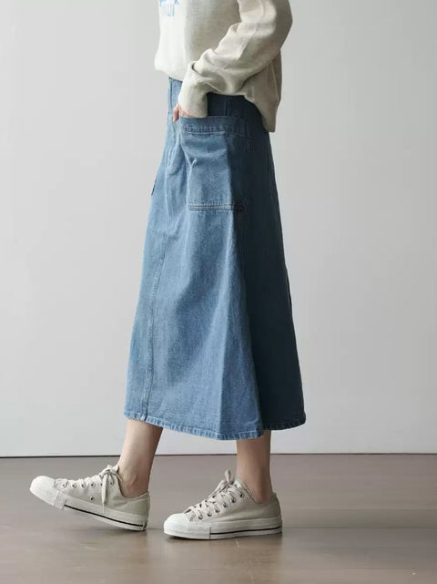 Gonna a forma di A in denim lavato casual primaverile da donna