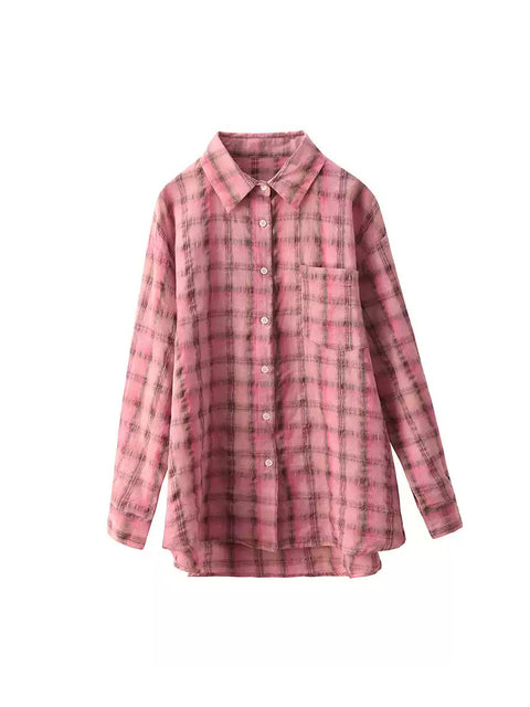 Camicia da donna in lino con colletto rovesciato, motivo a quadri primaverili artistici