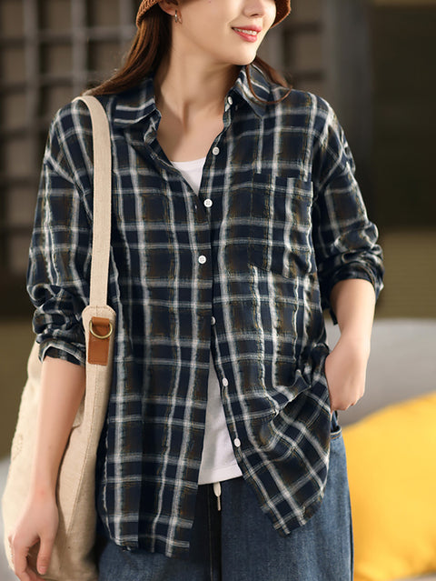 Camicia da donna in lino con colletto rovesciato, motivo a quadri primaverili artistici