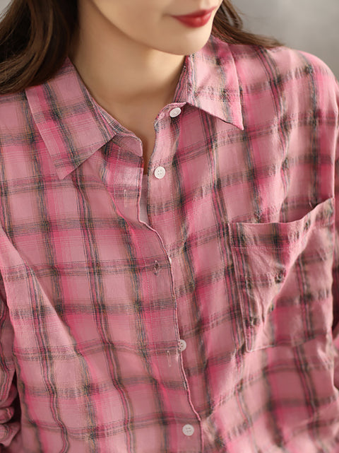 Camicia da donna in lino con colletto rovesciato, motivo a quadri primaverili artistici