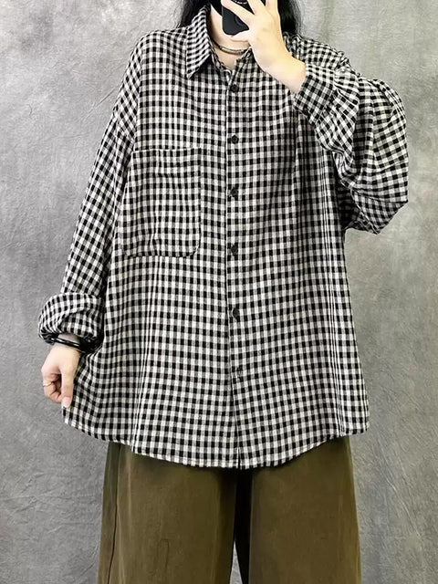 Camicia a quadri vintage estiva da donna con bottoni