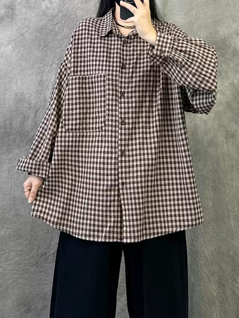 Camicia a quadri vintage estiva da donna con bottoni