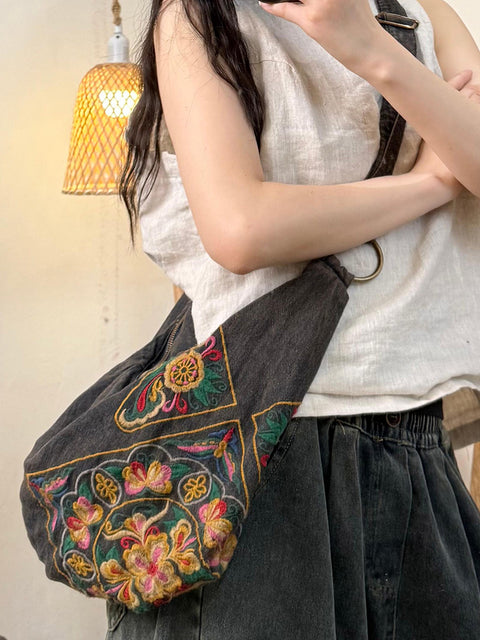 Borsa a tracolla in denim con ricamo floreale vintage estivo