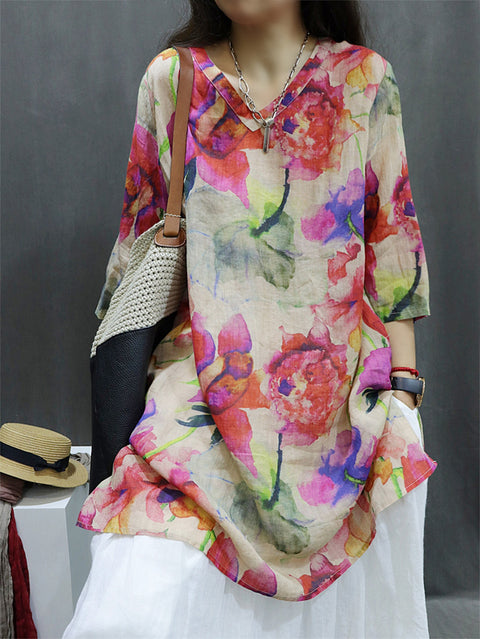 Camicia da donna primaverile vintage con scollo a V e fiori in 100% ramiè