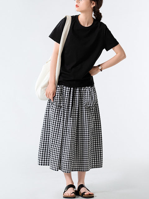 Women Summer Artsy Plaid A-Shape 100%Cotton Skirt