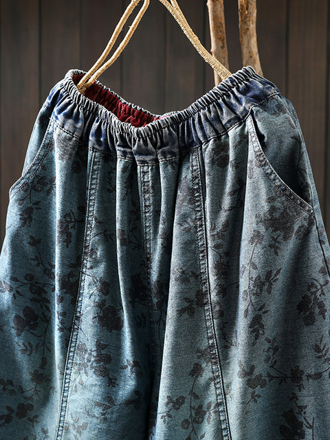 Women Spring Retro Flower Denim Harem Pants