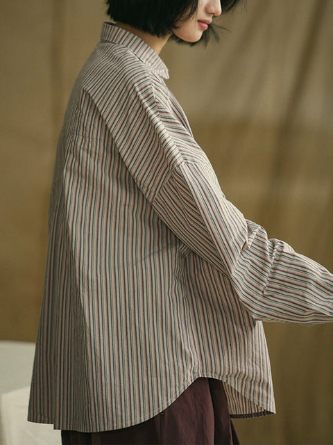 Women Spring Stripe Button-up 100%Cotton Shirt