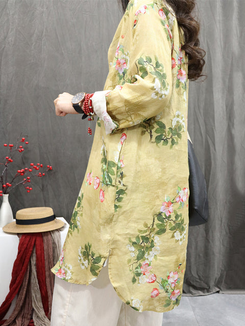 Women Vintage Flower Stand Collar 100%Linen Long Shirt