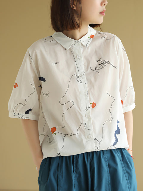 Camicia da donna estiva in cotone con colletto rovesciato e motivo doodle